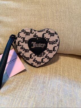 Juicy Couture Beige and Black Heart Logo Wristlet Coin Pouch